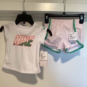 Nike White Tee & Pink Gingham Shorts with Green Trim
